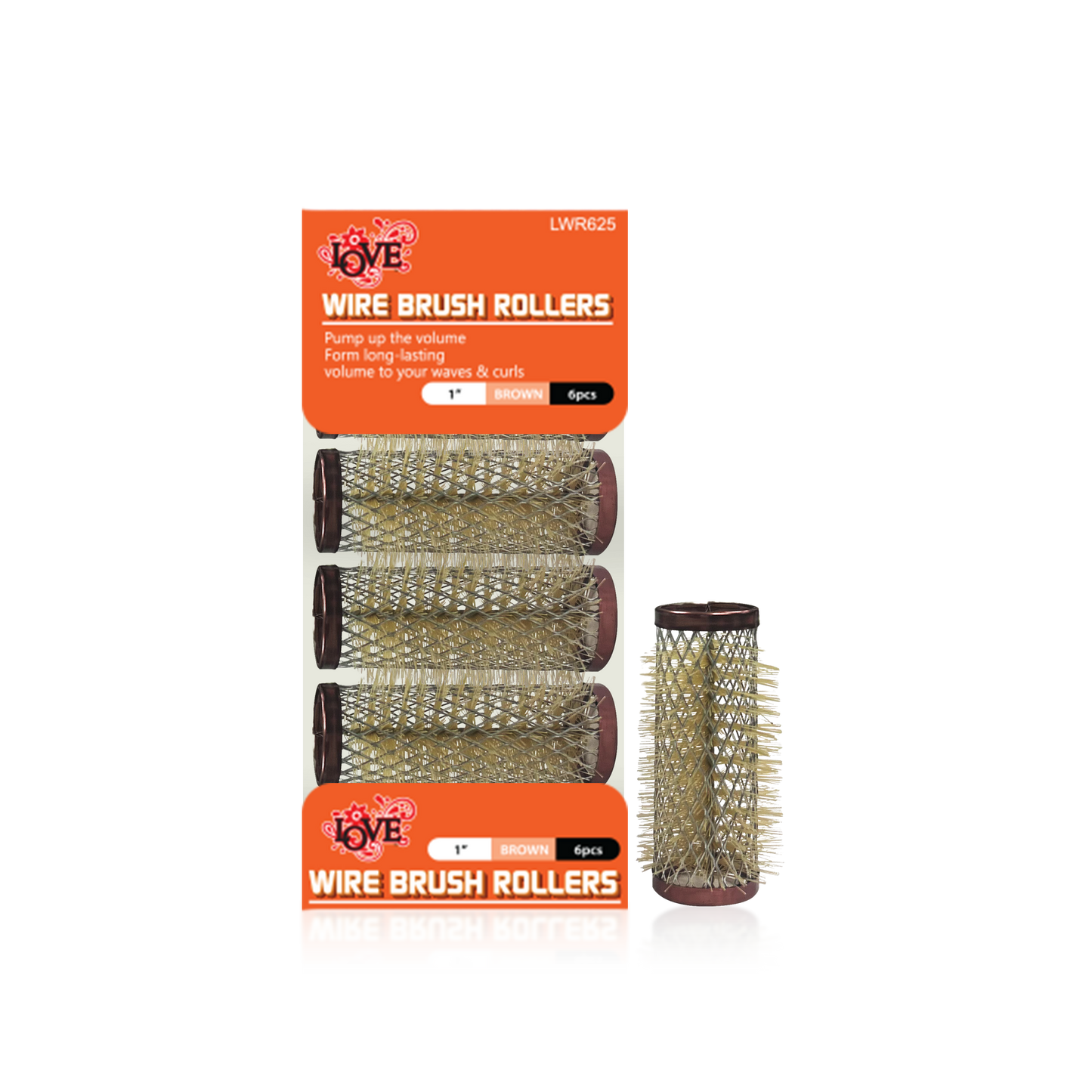 HAIR ROLLER - LWR625 - LOVE WIRE BRUSH ROLLERS - 1" - BROWN - 6 PCS - PACK OF 12
