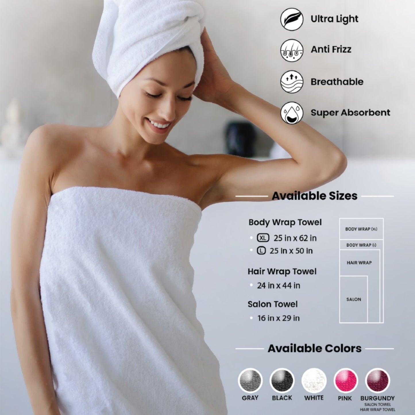 TOWEL - SABT03 - SUPER ABSORBENT MICROFIBER BODY WRAP TOWEL - 25" X 50" - WHITE