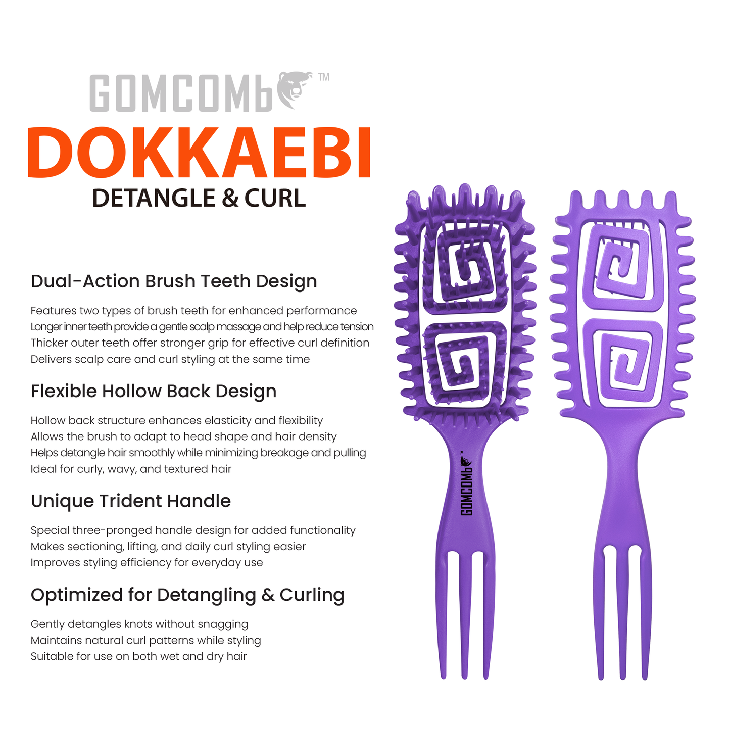 HAIR BRUSH - GCDO01 - GOMCOMb DOKKAEBI DETANGLE AND CURL BRUSH - PURPLE - PACK OF 6