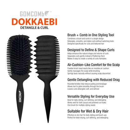 HAIR BRUSH - GCDO03 - GOMCOMb DOKKAEBI DETANGLE AND CURL BRUSH - BLACK - PACK OF 6
