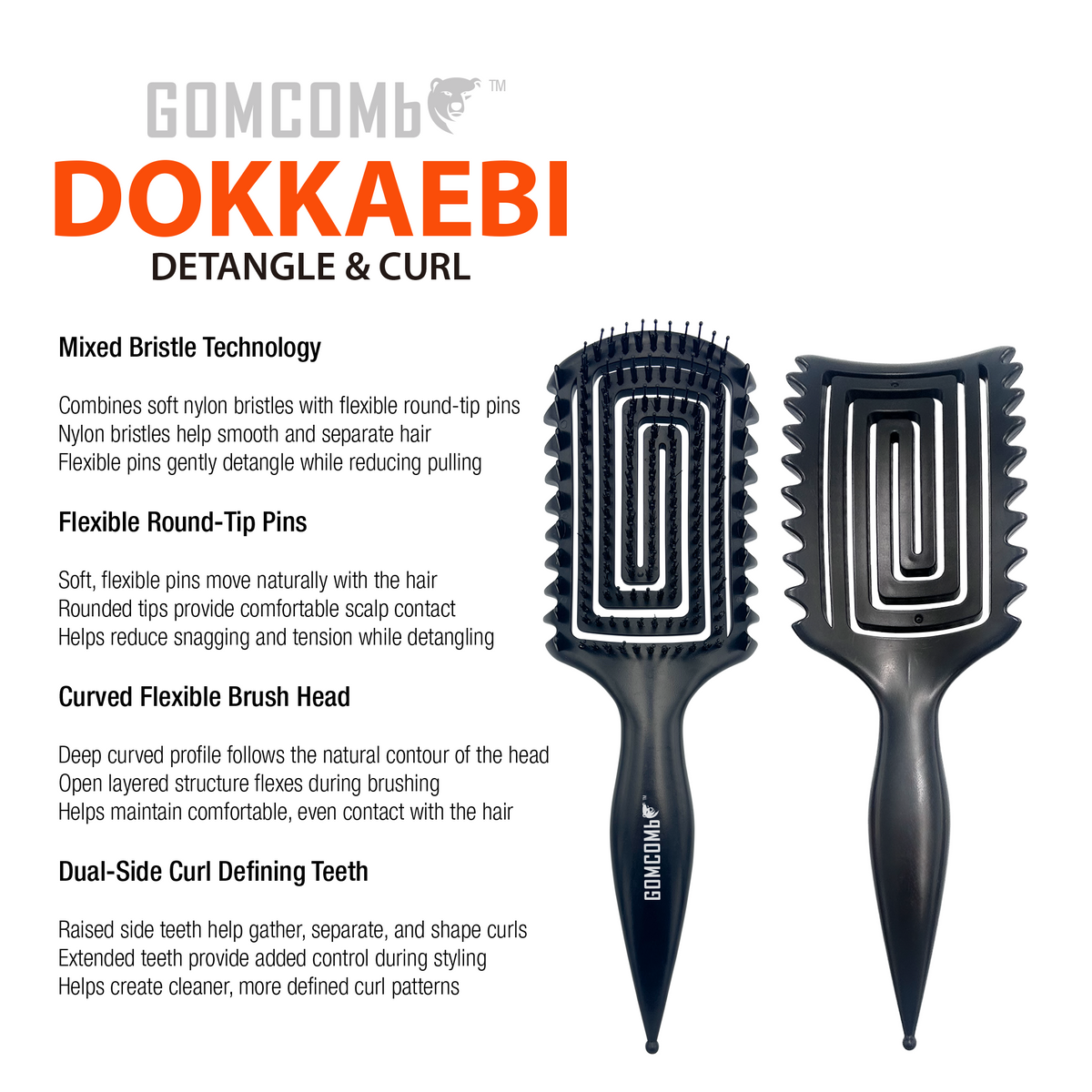 HAIR BRUSH - GBDO08BK - GOMCOMb DOKKAEBI DETANGLE AND CURL BRUSH - BLACK - PACK OF 3