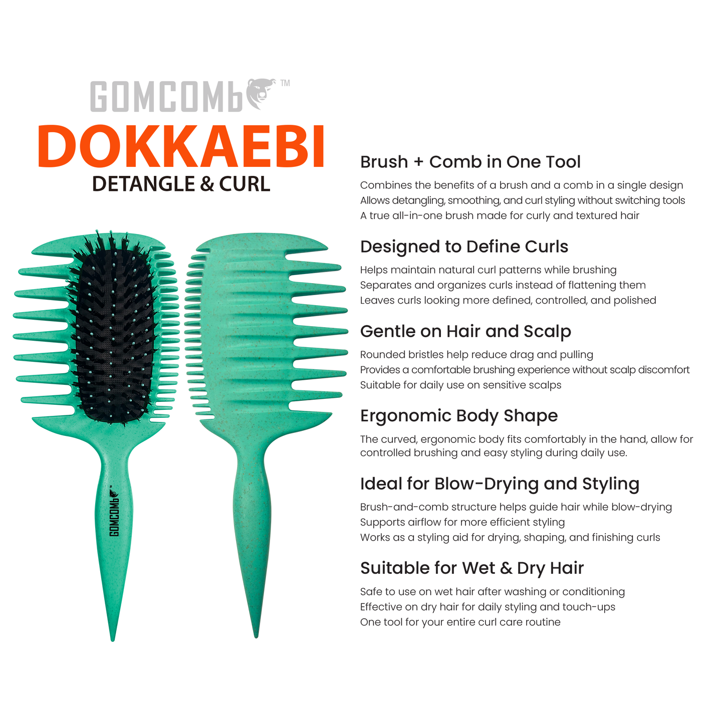 HAIR BRUSH - GCDO04 - GOMCOMb DOKKAEBI DETANGLE AND CURL BRUSH - TEAL - PACK OF 6