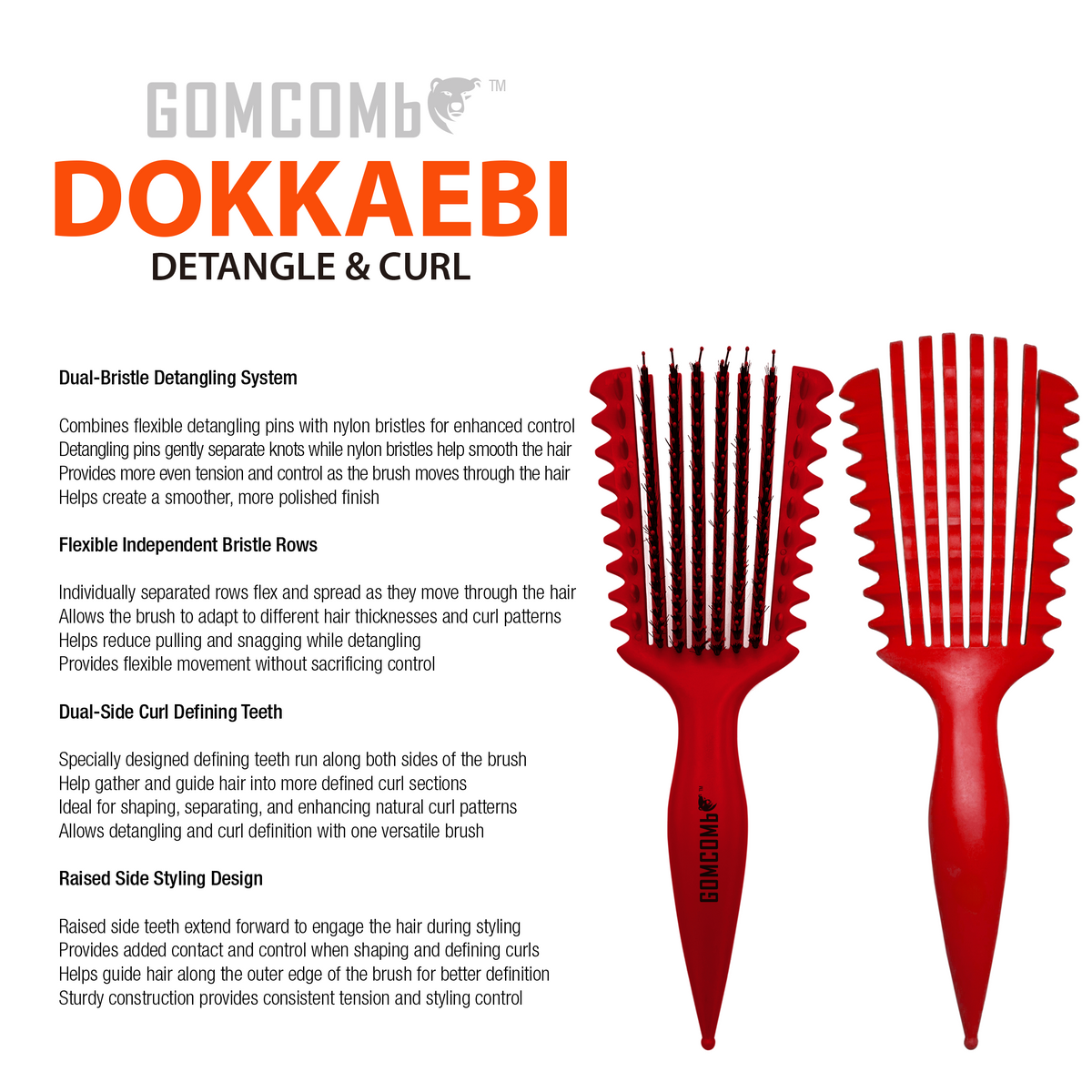 HAIR BRUSH - GBDO07RD - GOMCOMb DOKKAEBI DETANGLE AND CURL BRUSH - RED - PACK OF 3