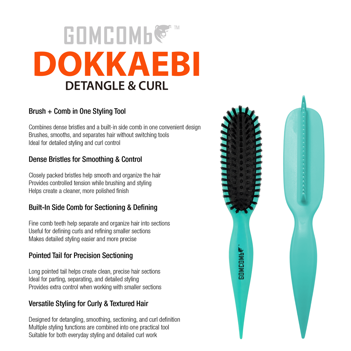 HAIR BRUSH - GBDO10TL - GOMCOMb DOKKAEBI DETANGLE AND CURL BRUSH - TEAL - PACK OF 3