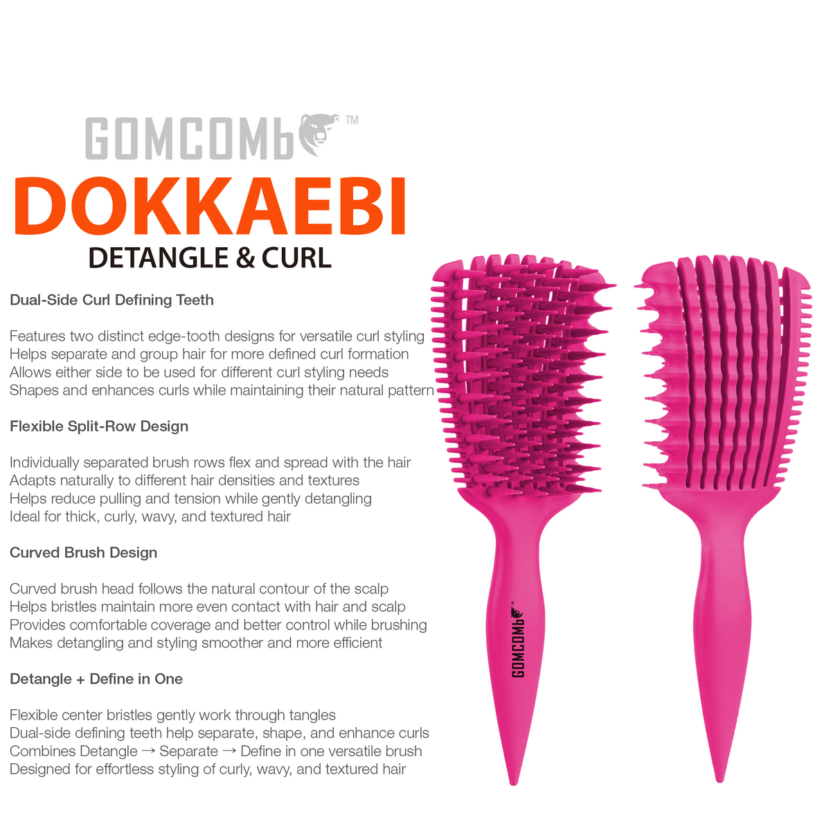 HAIR BRUSH - GBDO06PK - GOMCOMb DOKKAEBI DETANGLE AND CURL BRUSH - PINK - PACK OF 3