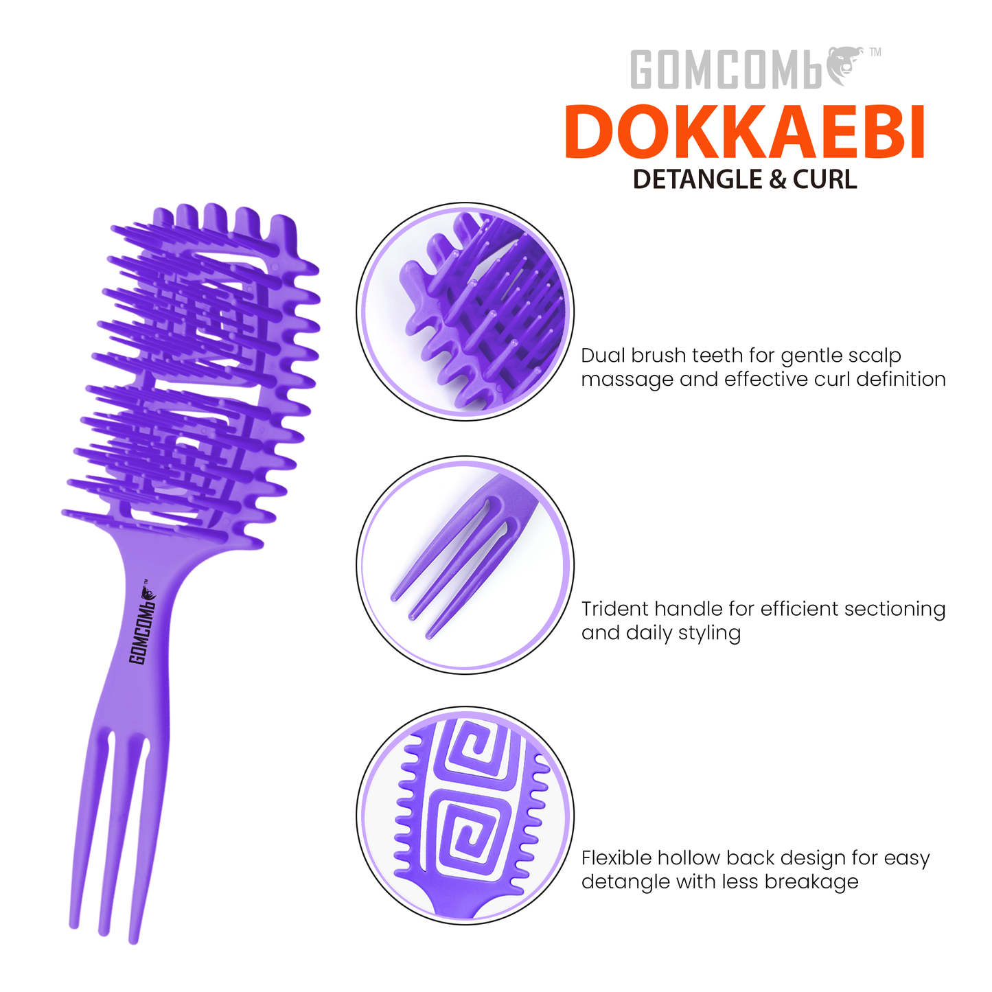 HAIR BRUSH - GCDO01 - GOMCOMb DOKKAEBI DETANGLE AND CURL BRUSH - PURPLE - PACK OF 6