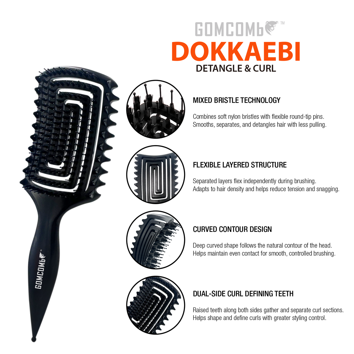 HAIR BRUSH - GBDO08BK - GOMCOMb DOKKAEBI DETANGLE AND CURL BRUSH - BLACK - PACK OF 3