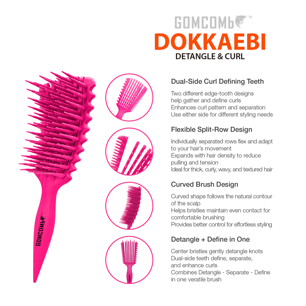 HAIR BRUSH - GBDO06PK - GOMCOMb DOKKAEBI DETANGLE AND CURL BRUSH - PINK - PACK OF 3