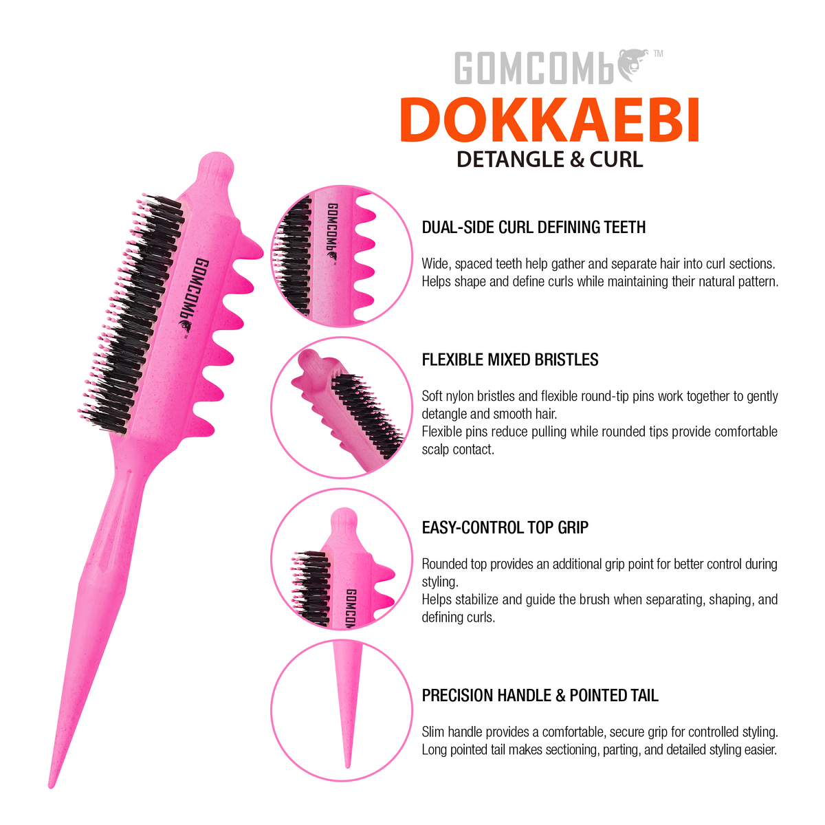 HAIR BRUSH - GBDO09BP - GOMCOMb DOKKAEBI DETANGLE AND CURL BRUSH - BABY PINK - PACK OF 3