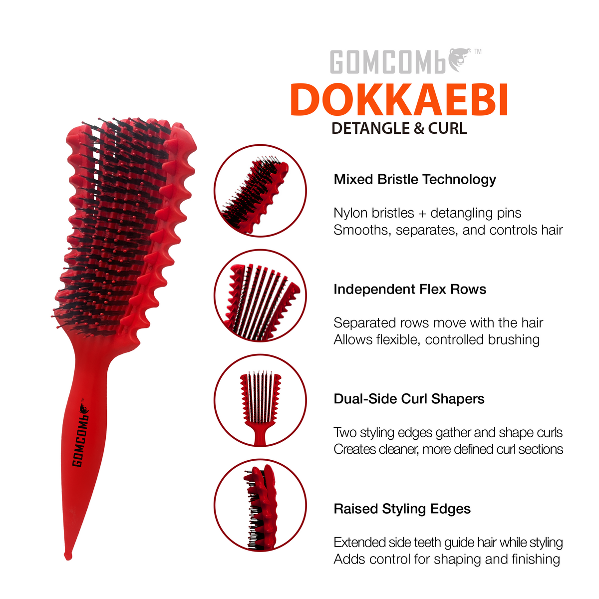 HAIR BRUSH - GBDO07RD - GOMCOMb DOKKAEBI DETANGLE AND CURL BRUSH - RED - PACK OF 3