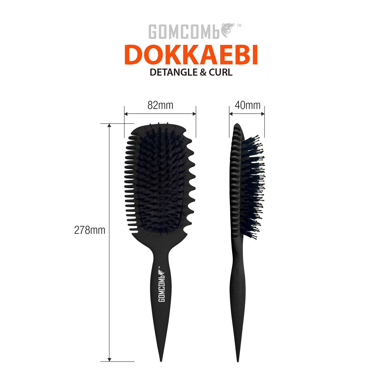 HAIR BRUSH - GCDO03 - GOMCOMb DOKKAEBI DETANGLE AND CURL BRUSH - BLACK - PACK OF 6