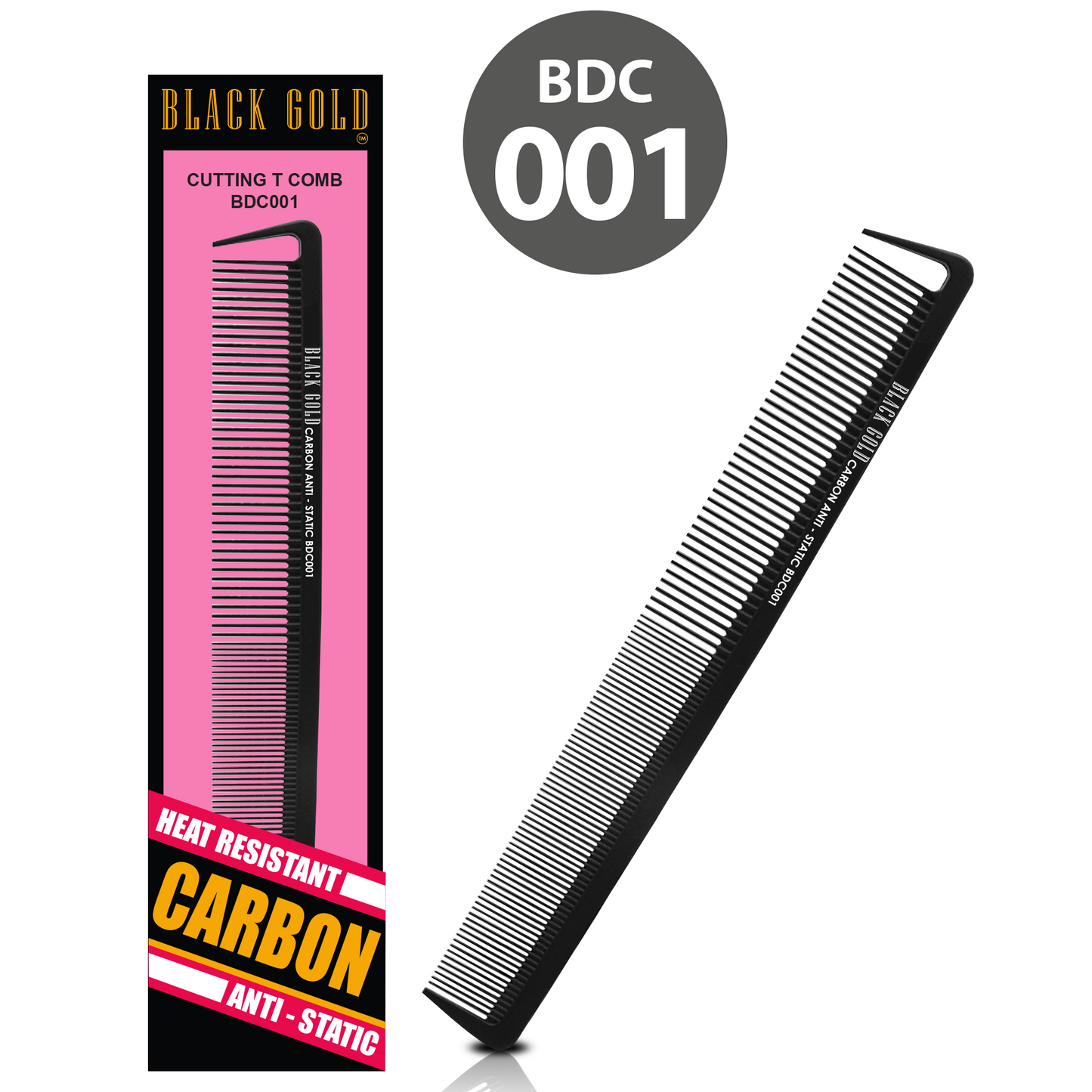 HAIR COMB - BDC001 - GOMCOMb BLACK GOLD CARBON CUTTING T COMB - 225 MM - PACK OF 12