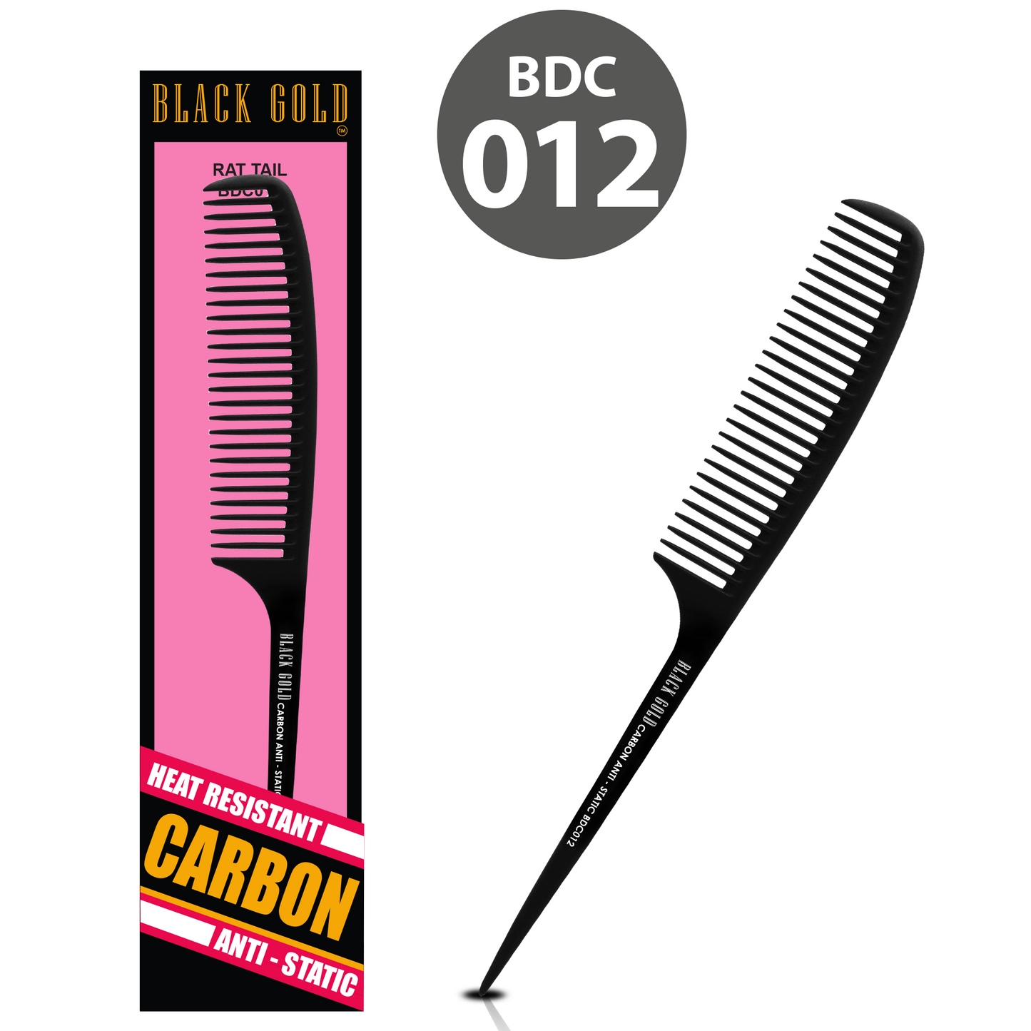 HAIR COMB - BDC012 - GOMCOMb BLACK GOLD CARBON RAT TAIL COMB - 247 MM - PACK OF 12