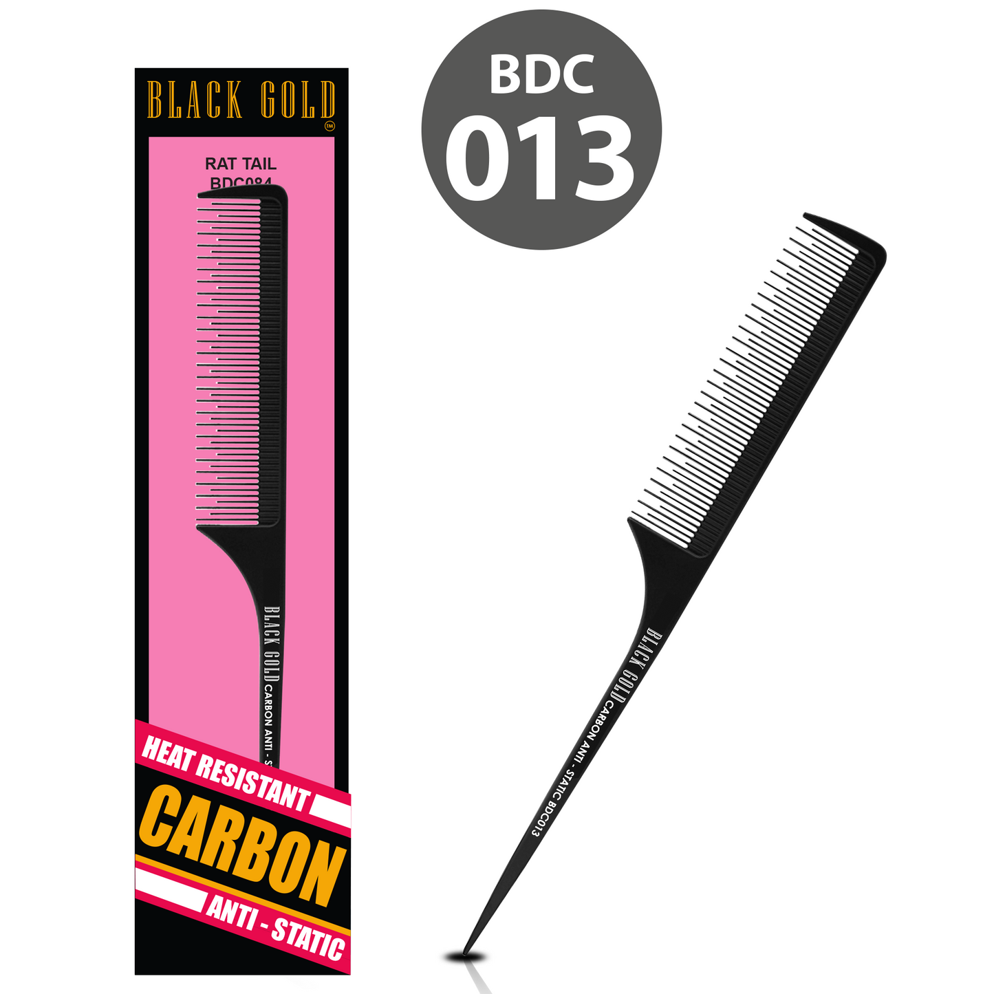 HAIR COMB - BDC013 - GOMCOMb BLACK GOLD CARBON RAT TAIL COMB - 237 MM - PACK OF 12
