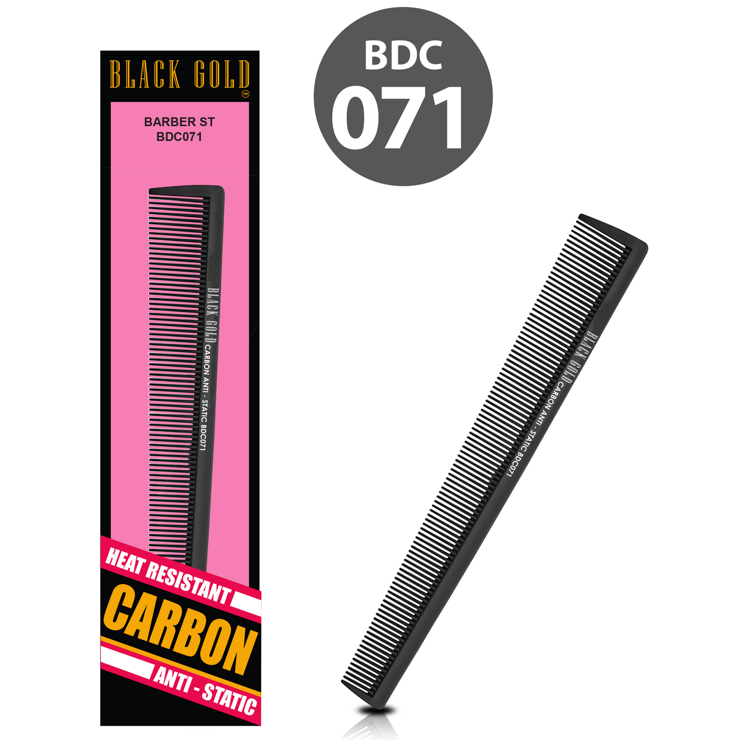 HAIR COMB - BDC071 - GOMCOMb BLACK GOLD CARBON BARBER ST COMB - 191 MM - PACK OF 12