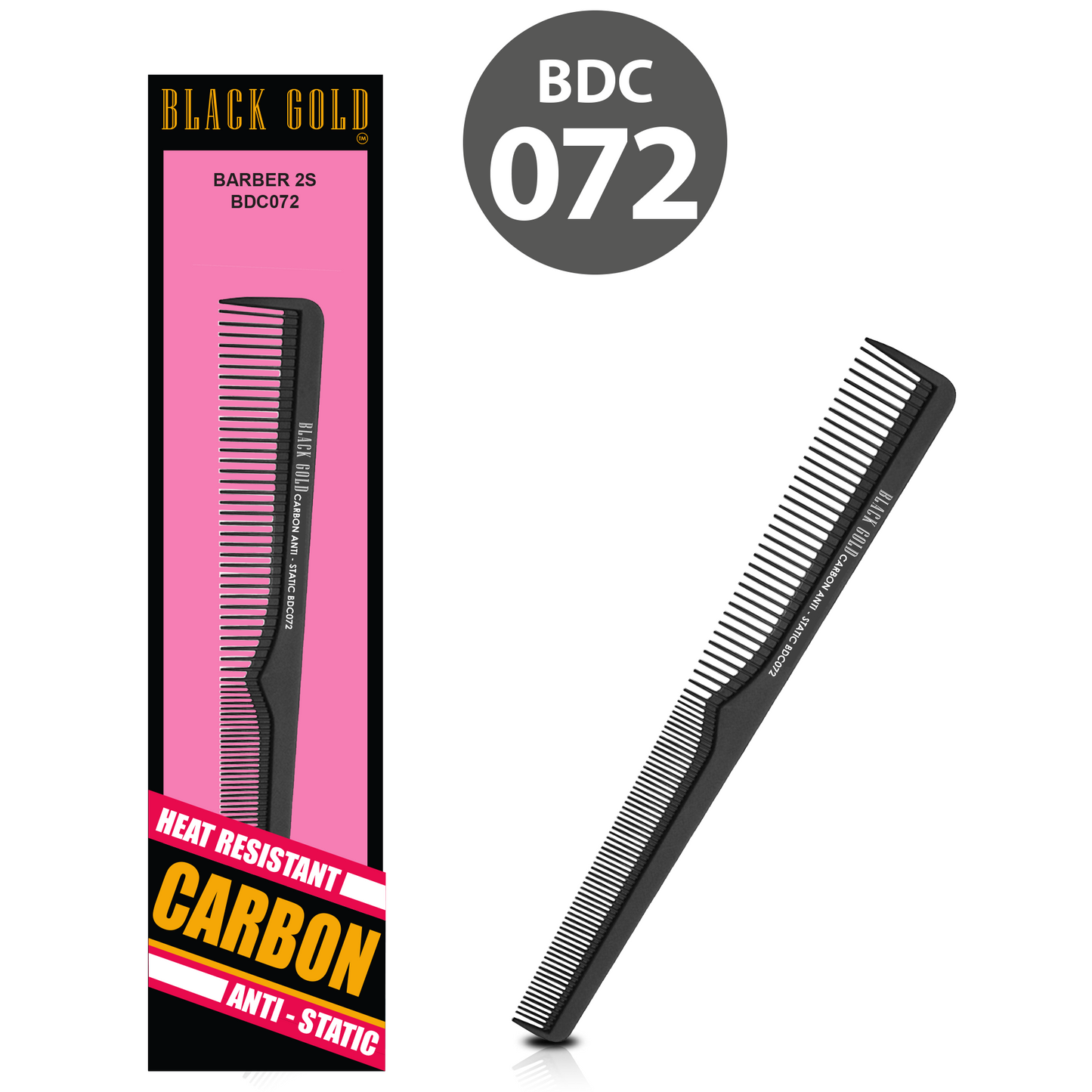 HAIR COMB - BDC072 - GOMCOMb BLACK GOLD CARBON BARBER 2S COMB - 181 MM - PACK OF 12
