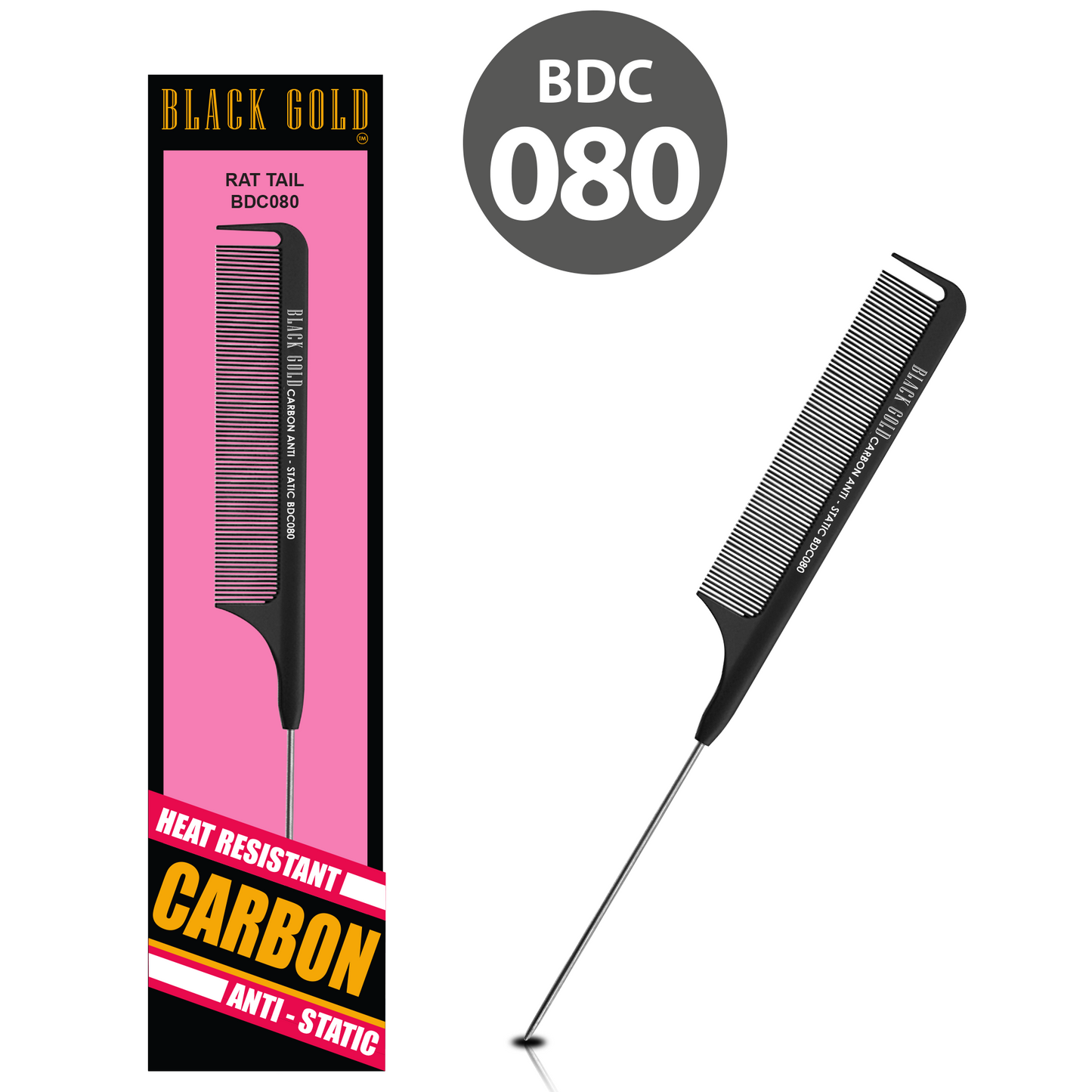 HAIR COMB - BDC080 - GOMCOMb BLACK GOLD CARBON RAT TAIL COMB - 220 MM - PACK OF 12