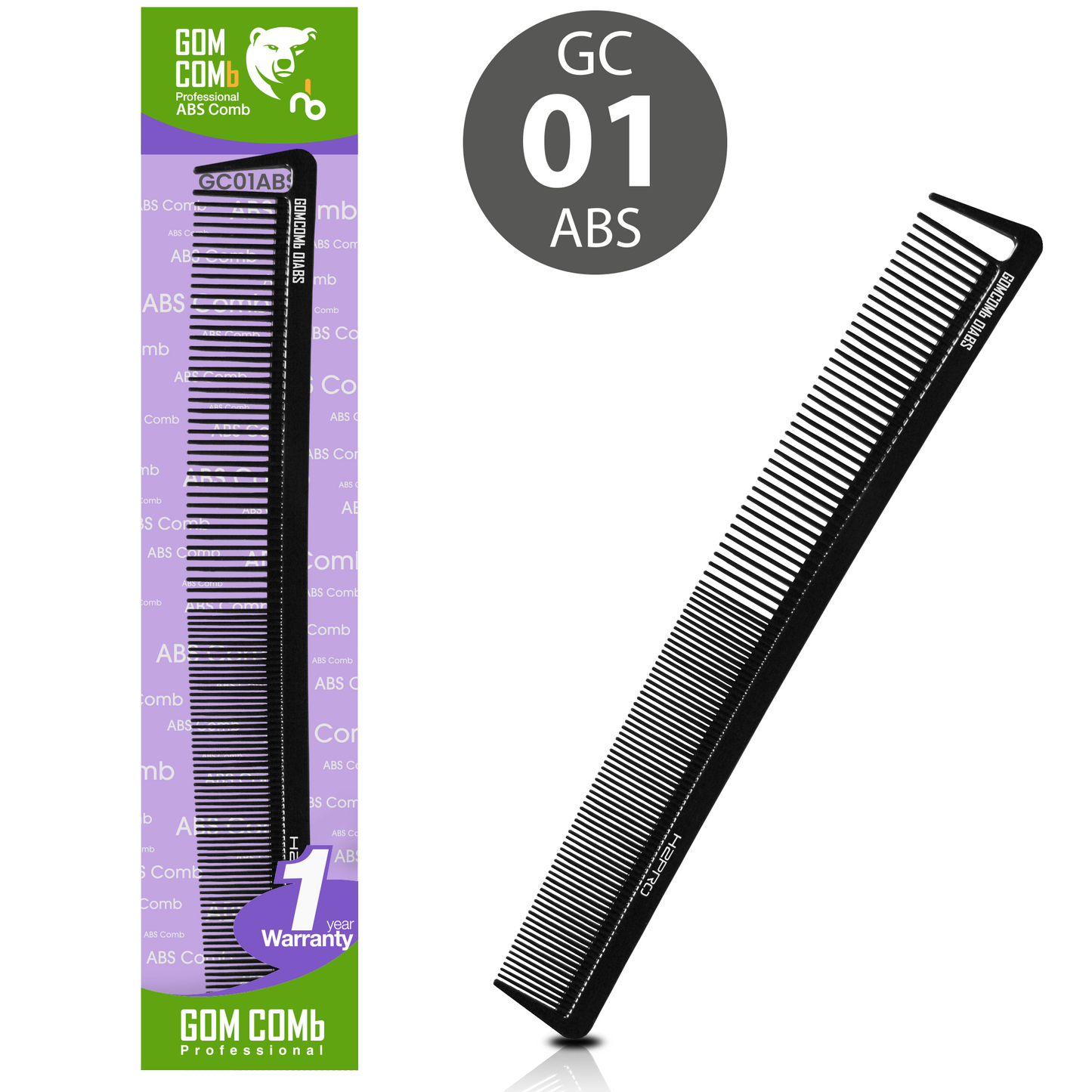 HAIR COMB - GC01ABS - GOMCOMb ABS CUTTING STYLING COMB - 227 MM - PACK OF 12