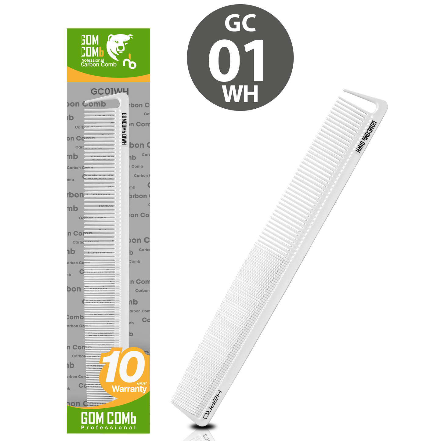 HAIR COMB - GC01WH - GOMCOMb WHITE CARBON CUTTING STYLING COMB - 227 MM - PACK OF 12
