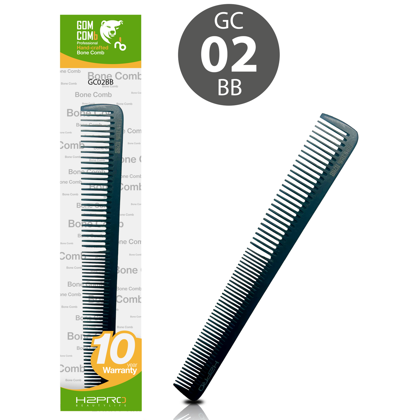 HAIR COMB - GC02BB - GOMCOMb BONE SMALL CUTTING STYLING COMB - BLACK - 185 MM - PACK OF 12
