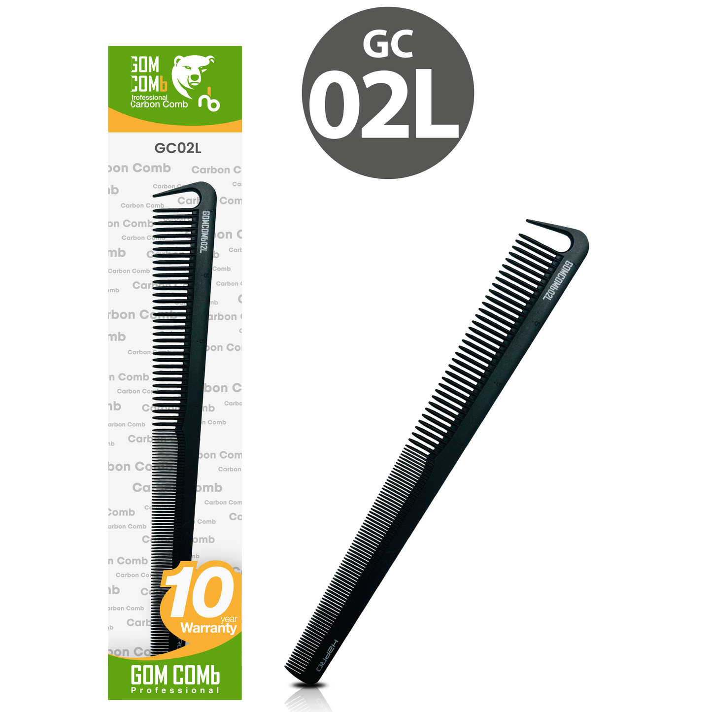 HAIR COMB - GC02L - GOMCOMb BLACK CARBON LONG CUTTING COMB WITH PARTING - 190 MM  - BLACK - PACK OF 12