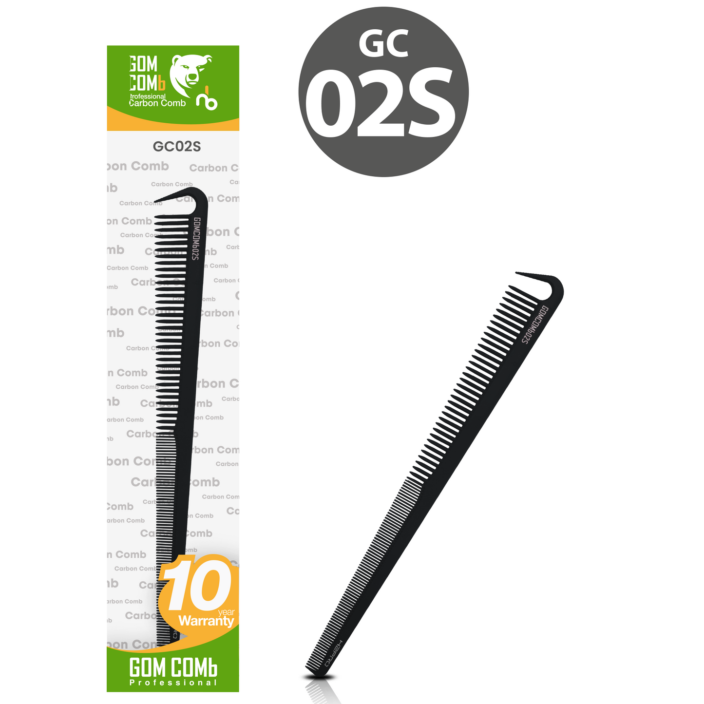 HAIR COMB - GC02S - GOMCOMb BLACK CARBON SMALL CUTTING COMB WITH PARTING - 180 MM  - BLACK - PACK OF 12