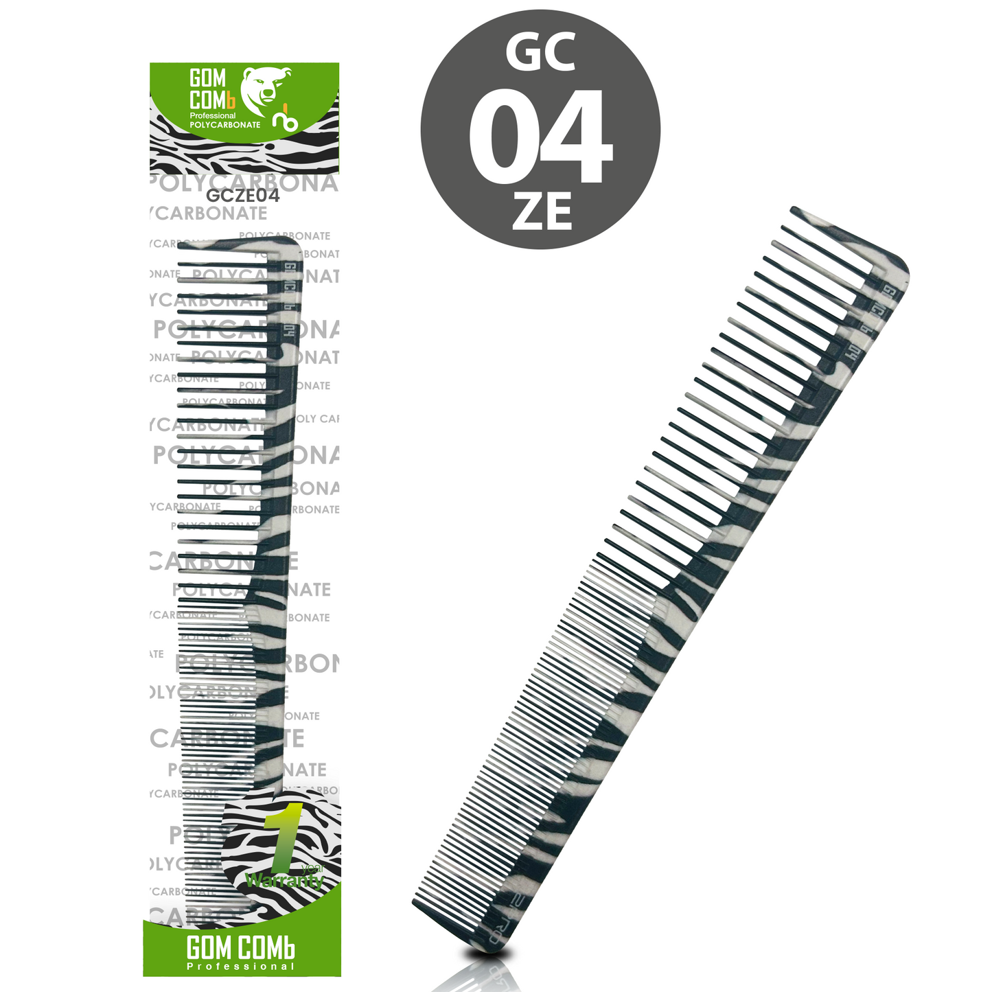 HAIR COMB - GC04ZE - GOMCOMb POLYCARBONATE ZEBRA DESIGN SMALL CUTTING STYLING COMB - 180 MM - PACK OF 12