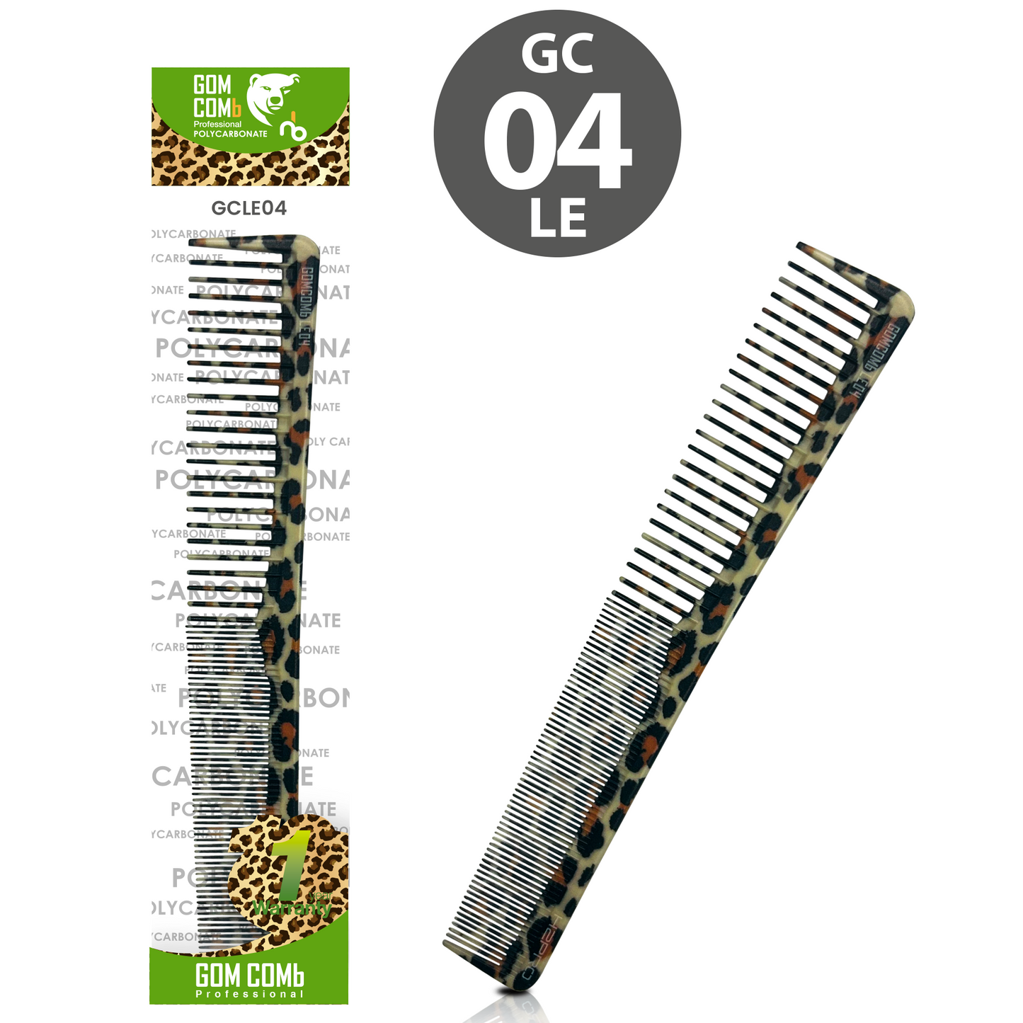 HAIR COMB - GC04LE - GOMCOMb POLYCARBONATE LEOPARD DESIGN SMALL CUTTING STYLING COMB - 180 MM - PACK OF 12