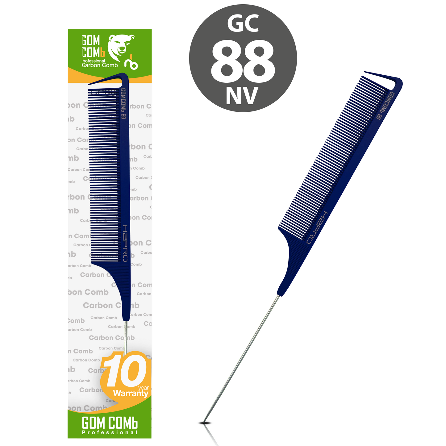 HAIR COMB - GC88NV - GOMCOMb NAVY CARBON LONG FINE TOOTH PIN TAIL COMB - 270 MM - PACK OF 12