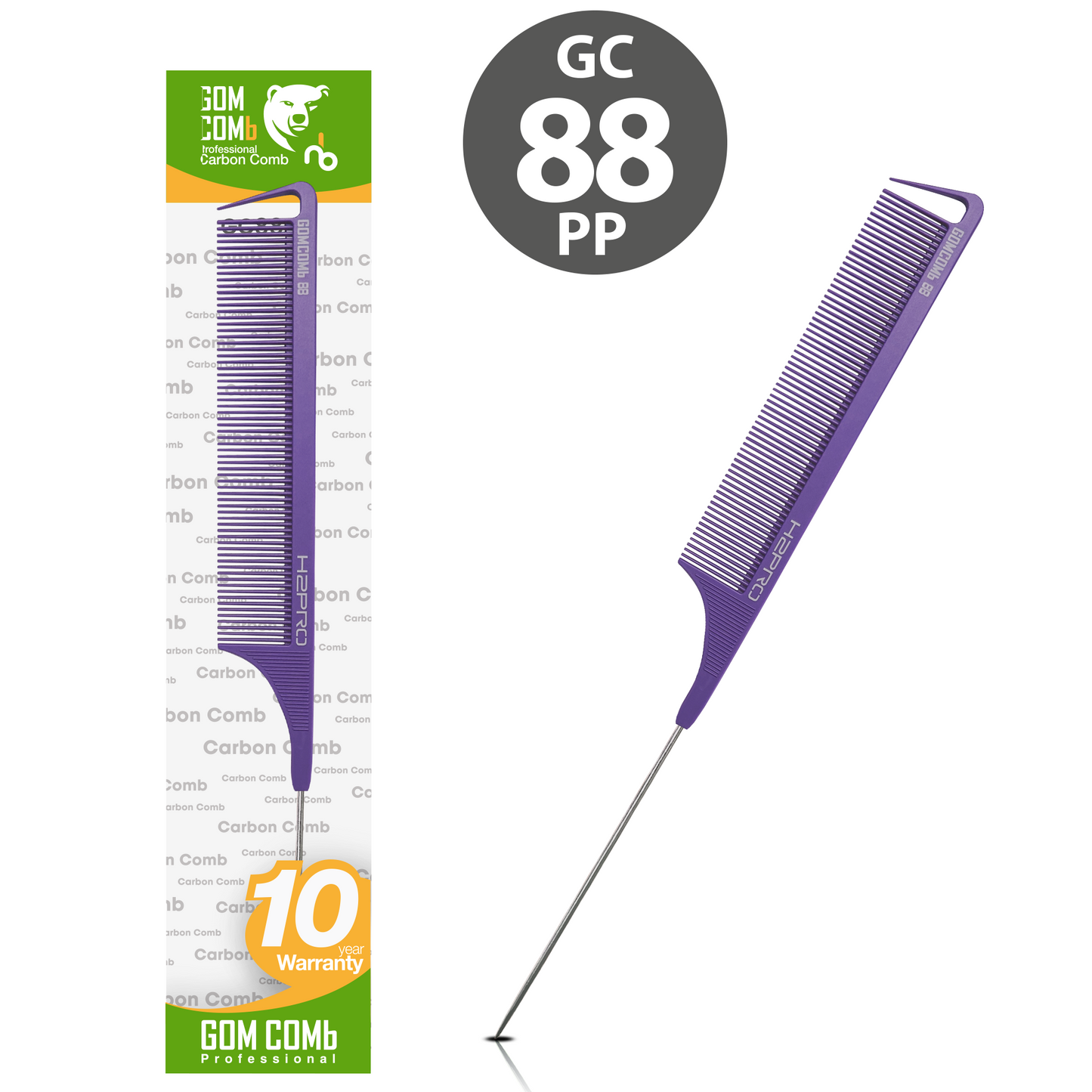 HAIR COMB - GC88PP - GOMCOMb PURPLE CARBON LONG FINE TOOTH PIN TAIL COMB - 270 MM - PACK OF 12