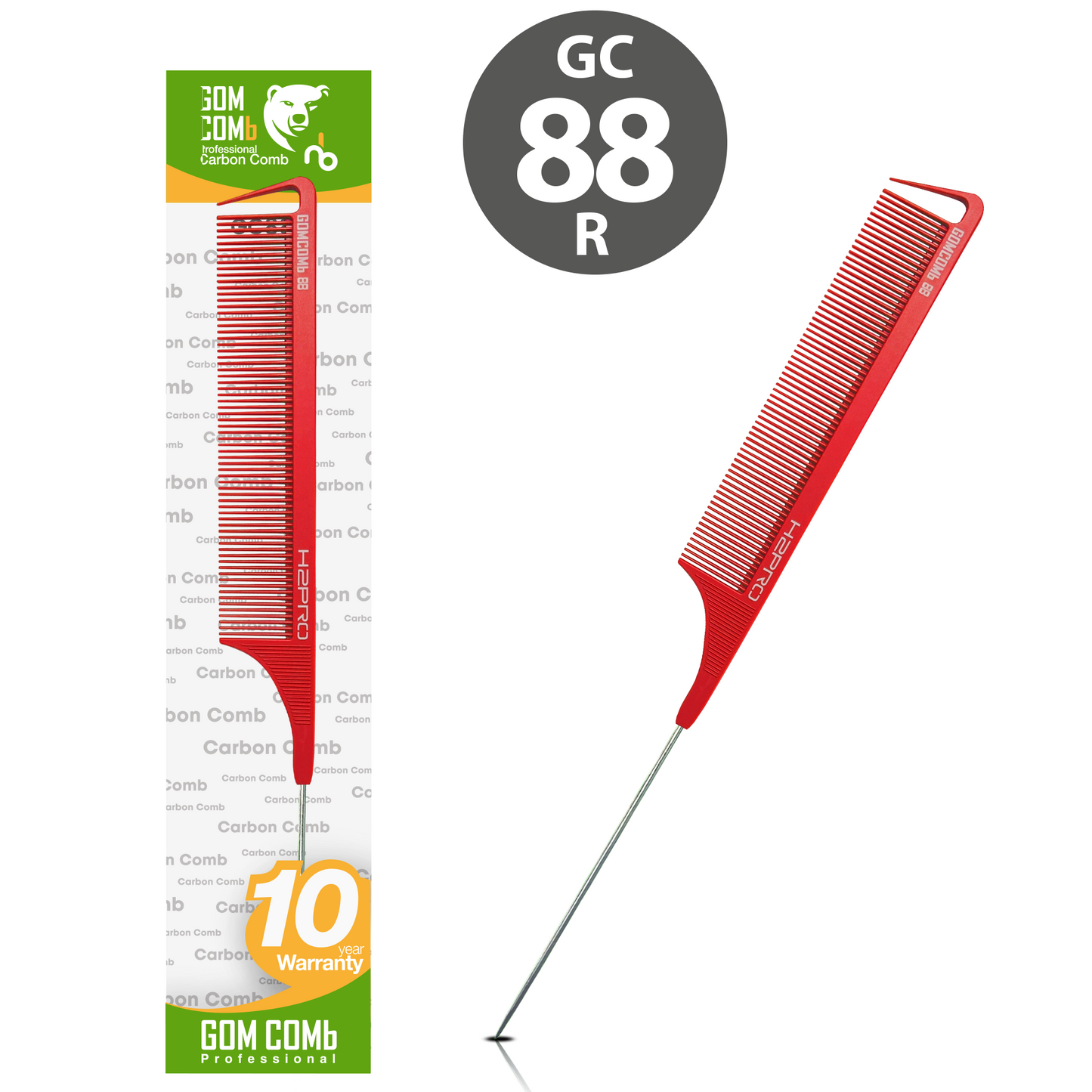HAIR COMB - GC88R - GOMCOMb RED CARBON LONG FINE TOOTH PIN TAIL COMB - 270 MM - PACK OF 12