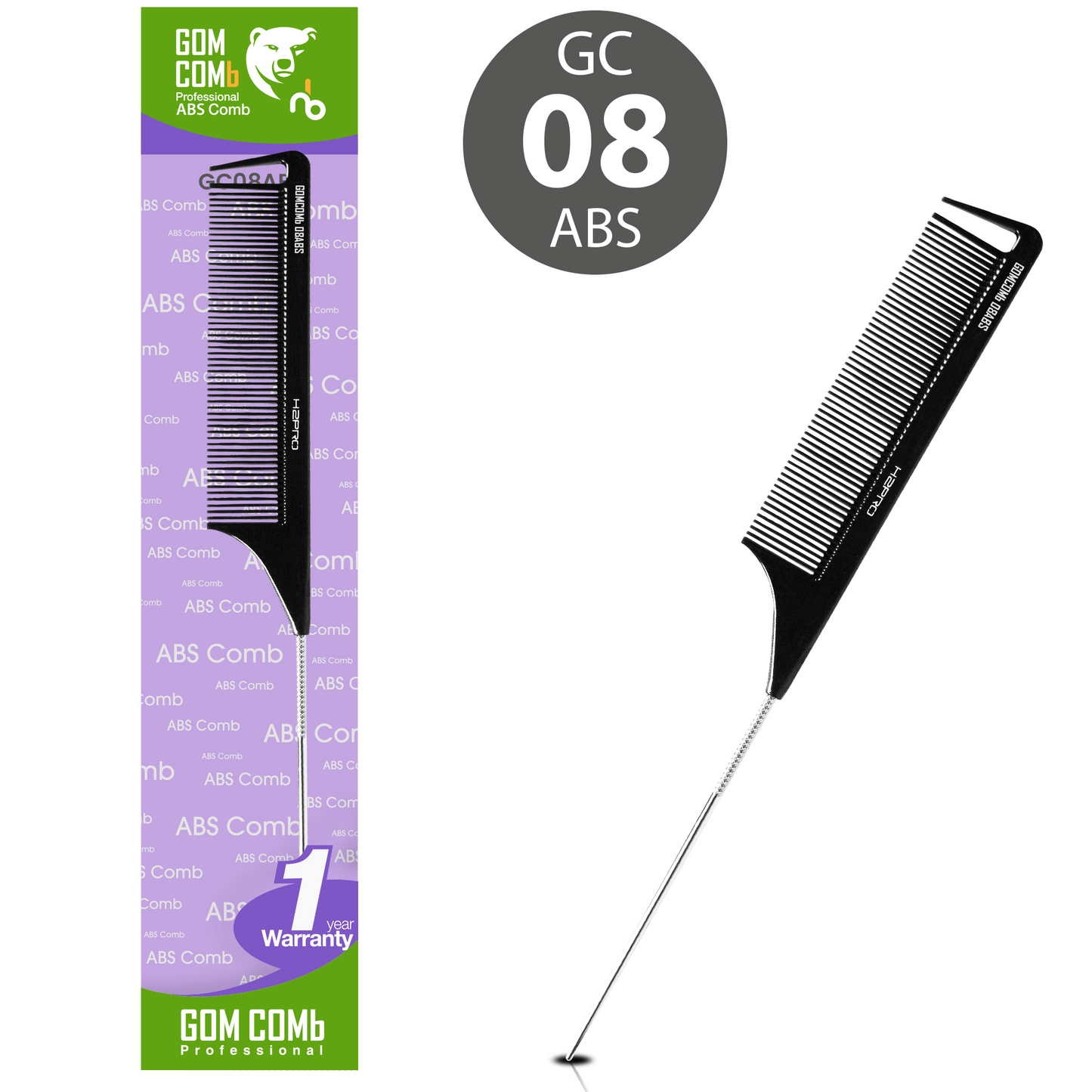 HAIR COMB - GC08ABS - GOMCOMb ABS FINE TOOTH PIN TAIL COMB - 238 MM - PACK OF 12