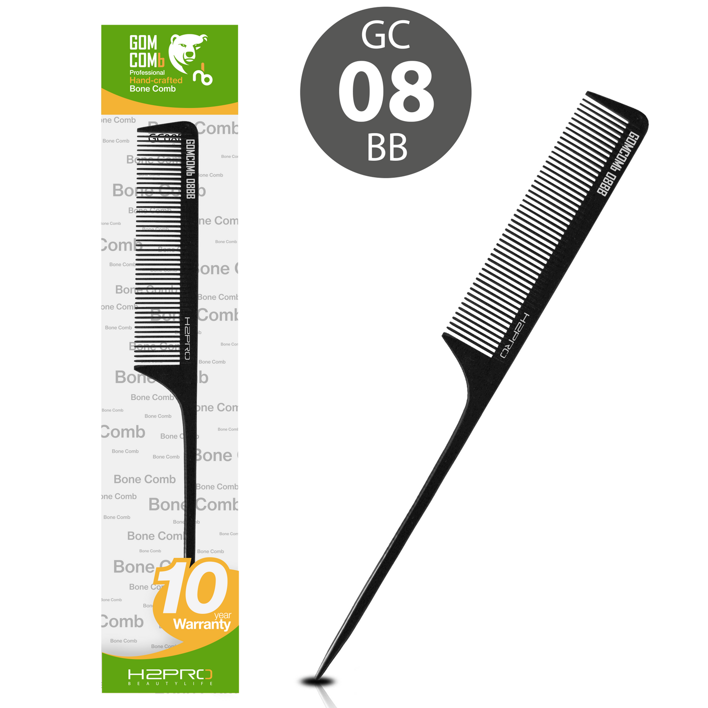 HAIR COMB - GC08BB - GOMCOMb BONE FINE TOOTH RAT TAIL COMB - BLACK - 250 MM - PACK OF 12
