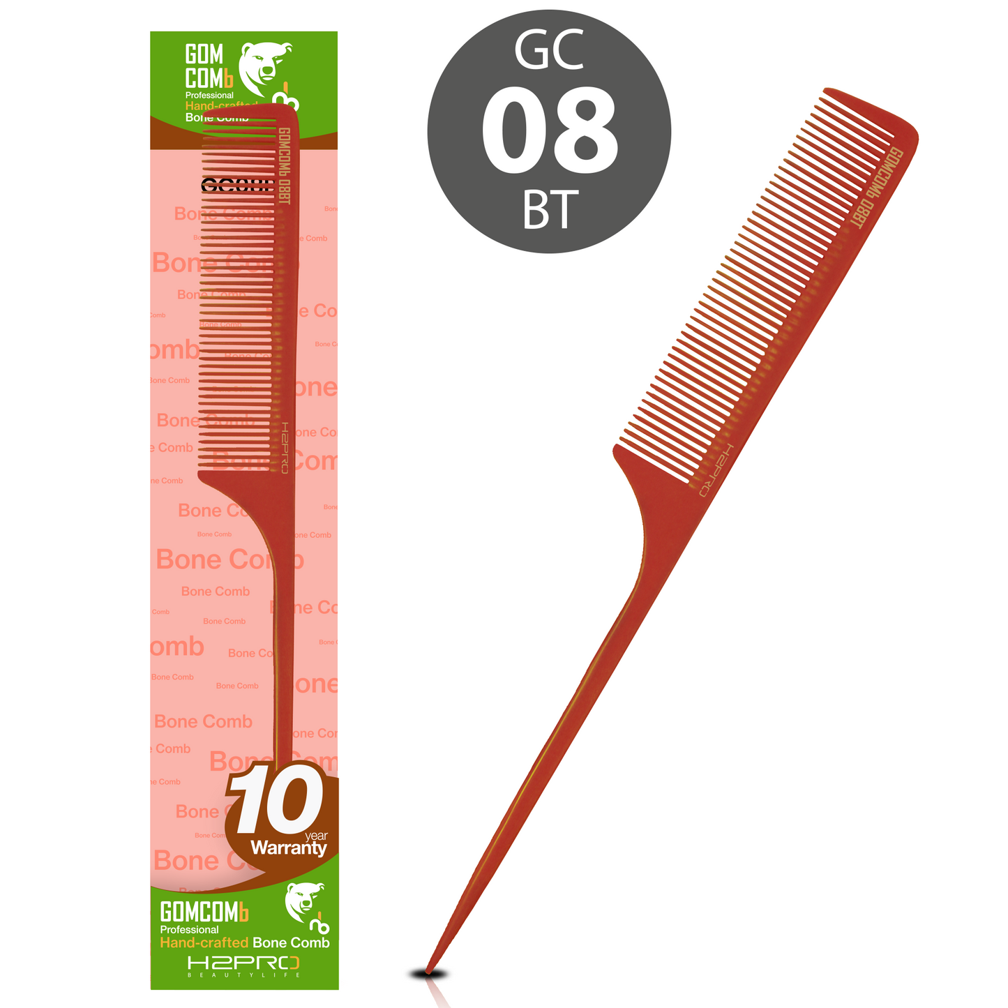 HAIR COMB - GC08BT - GOMCOMb BONE FINE TOOTH RAT TAIL COMB - TAN - 250 MM - PACK OF 12