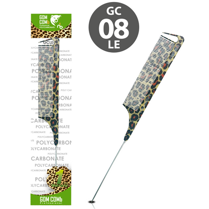 HAIR COMB - GC08LE - GOMCOMb POLYCARBONATE LEOPARD DESIGN FINE TOOTH PIN TAIL COMB - 240 MM - PACK OF 12