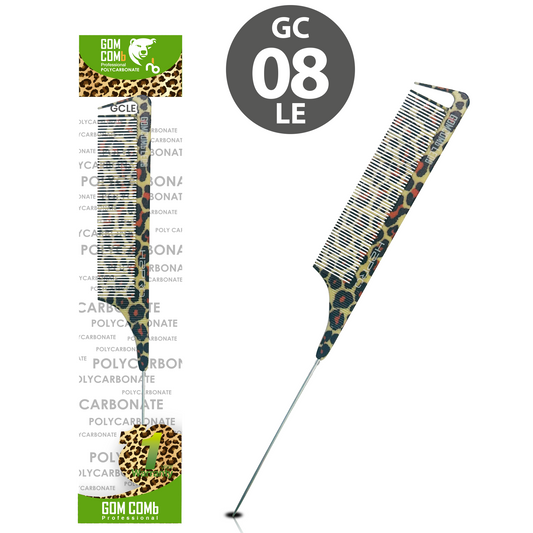 HAIR COMB - GC08LE - GOMCOMb POLYCARBONATE LEOPARD DESIGN FINE TOOTH PIN TAIL COMB - 240 MM - PACK OF 12