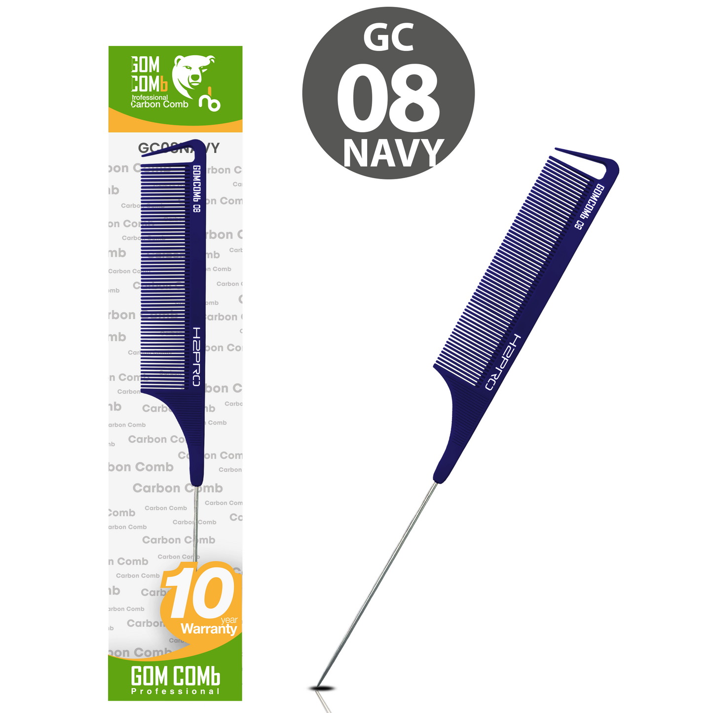HAIR COMB - GC08NAVY - GOMCOMb NAVY CARBON FINE TOOTH PIN TAIL COMB - 238 MM - PACK OF 12