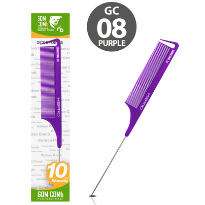 HAIR COMB - GC08PURPLE - GOMCOMb PURPLE CARBON FINE TOOTH PIN TAIL COMB - 238 MM - PACK OF 12