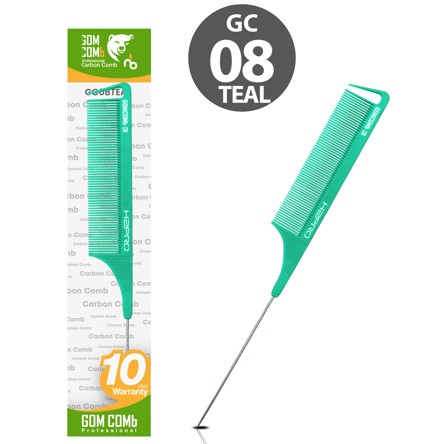 HAIR COMB - GC08TEAL - GOMCOMb TEAL CARBON FINE TOOTH PIN TAIL COMB - 238 MM - PACK OF 12