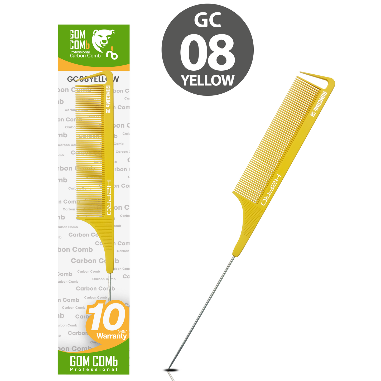 HAIR COMB - GC08YELLOW - GOMCOMb YELLOW CARBON FINE TOOTH PIN TAIL COMB - 238 MM - PACK OF 12