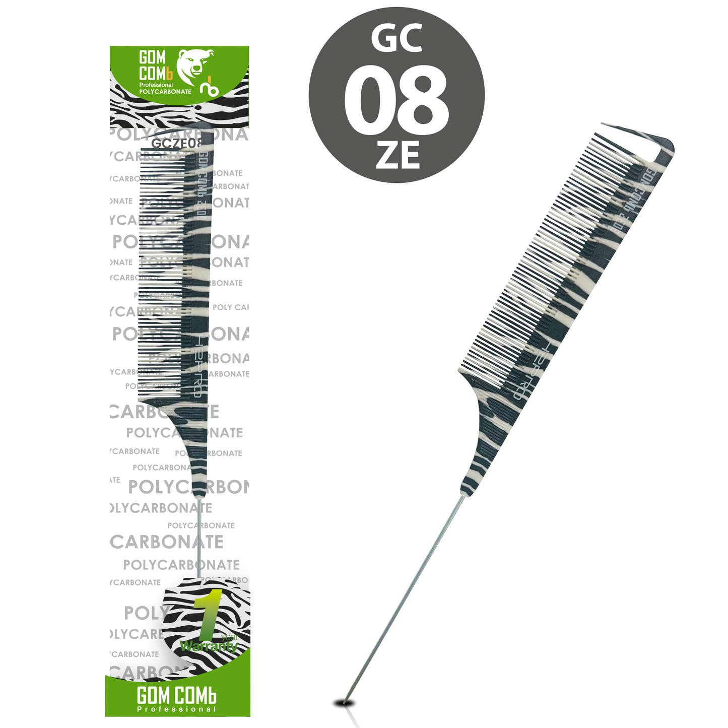 HAIR COMB - GC08ZE - GOMCOMb POLYCARBONATE ZEBRA DESIGN FINE TOOTH PIN TAIL COMB - 240 MM - PACK OF 12