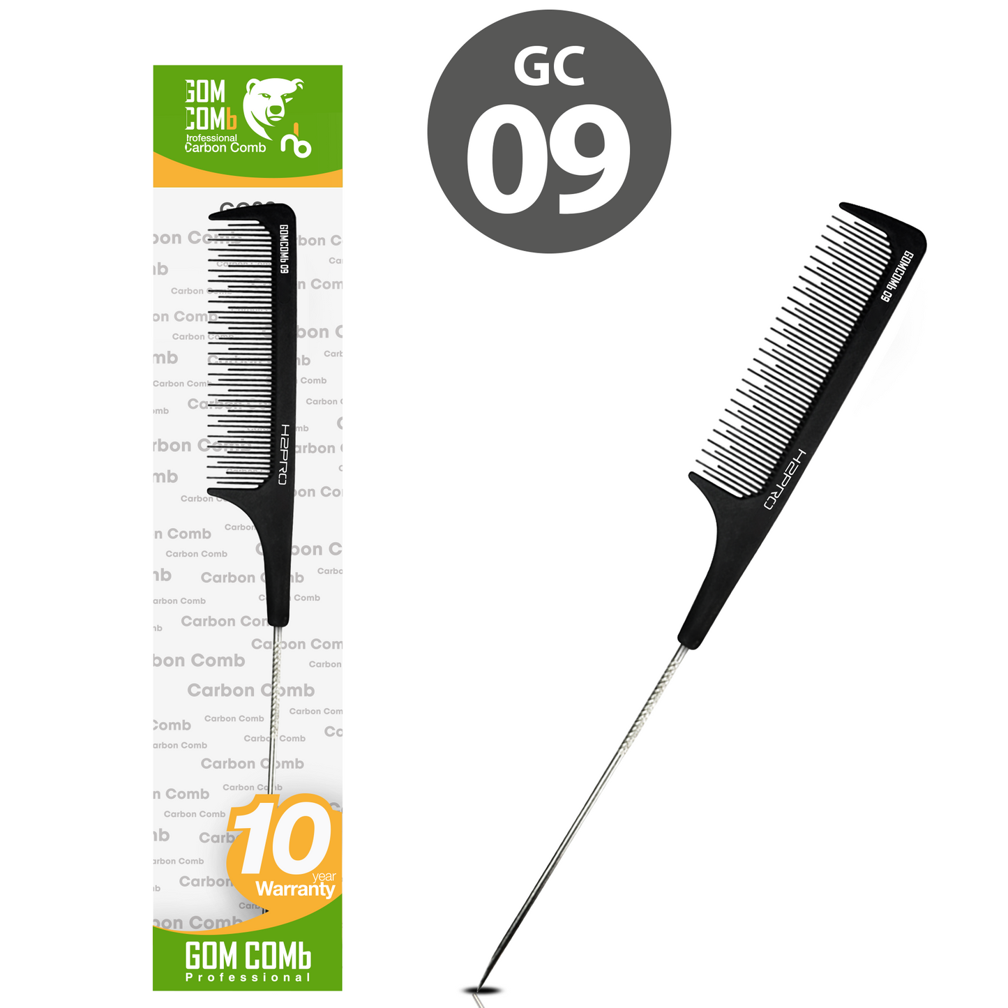 HAIR COMB - GC09 - GOMCOMb BLACK CARBON TEASING PIN TAIL COMB - 230 MM - PACK OF 12