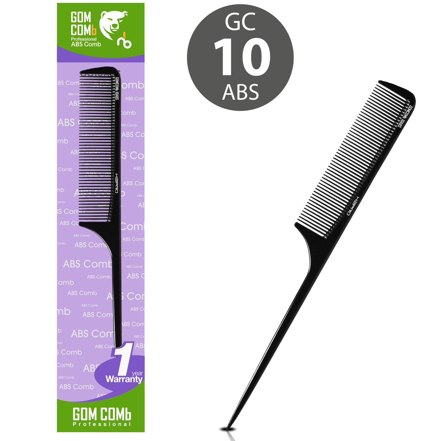 HAIR COMB - GC10ABS - GOMCOMb ABS FINE TOOTH RAT TAIL COMB - 238 MM - PACK OF 12