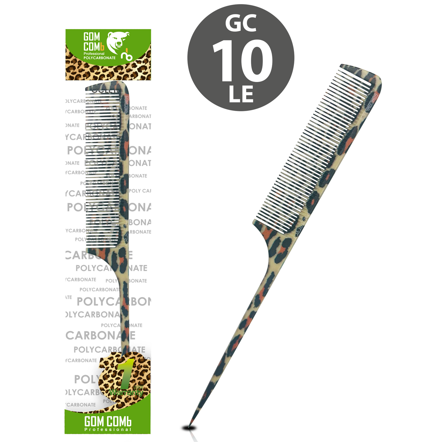 HAIR COMB - GC10LE - GOMCOMb POLYCARBONATE LEOPARD DESIGN FINE TOOTH RAT TAIL COMB - 240 MM - PACK OF 12
