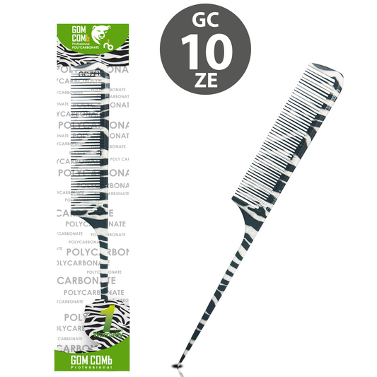 HAIR COMB - GC10ZE - GOMCOMb POLYCARBONATE ZEBRA DESIGN FINE TOOTH RAT TAIL COMB - 240 MM - PACK OF 12