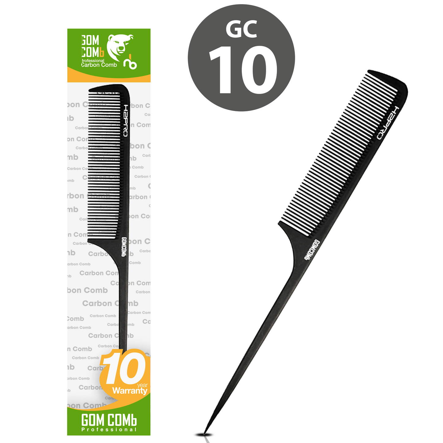 HAIR COMB - GC10 - GOMCOMb BLACK CARBON FINE TOOTH RAT TAIL COMB - 238 MM - PACK OF 12