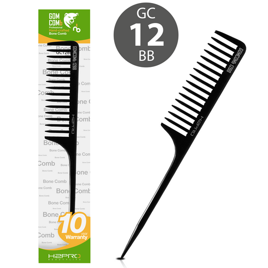 HAIR COMB - GC12BB - GOMCOMb BONE WIDE TOOTH RAT TAIL COMB - BLACK - 260 MM - PACK OF 12