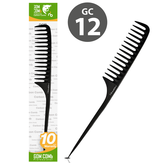 HAIR COMB - GC12 - GOMCOMb BLACK CARBON SHAMPOO RAT TAIL COMB - 295 MM - PACK OF 12