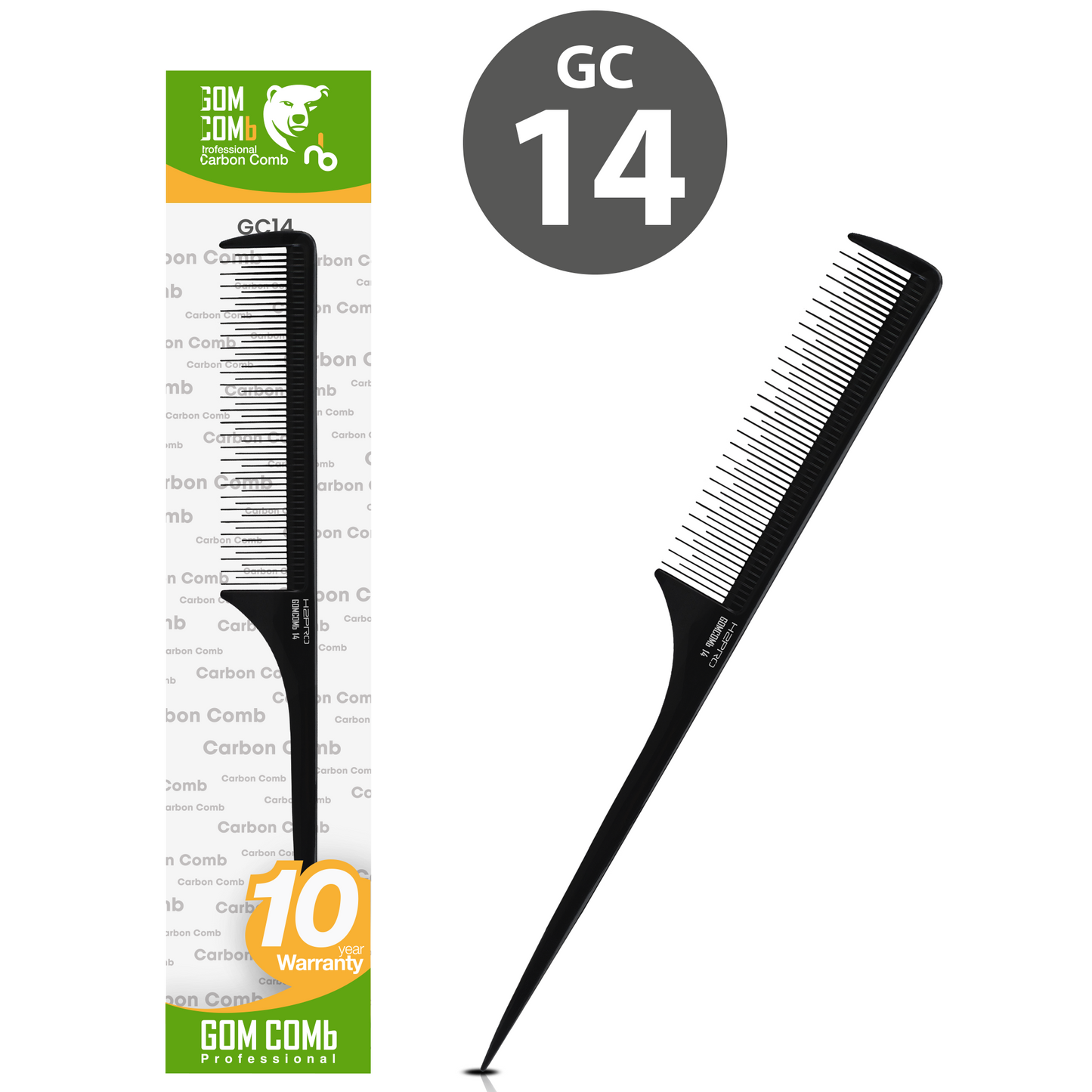 HAIR COMB - GC14 - GOMCOMb BLACK CARBON FINE TOOTH TEASING COMB - 233 MM  - BLACK - PACK OF 12