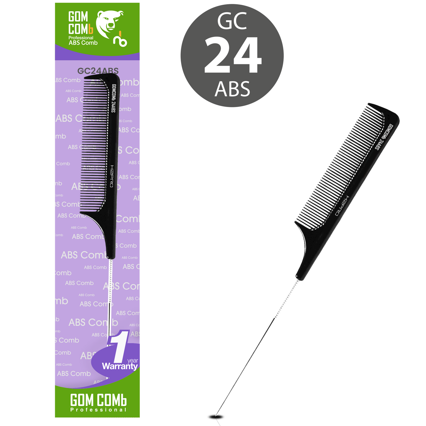 HAIR COMB - GC24ABS - GOMCOMb ABS FINE TOOTH PIN TAIL COMB - 221 MM - PACK OF 12